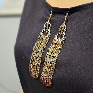 Amber Beaded Silver-Tone Chandelier Earrings